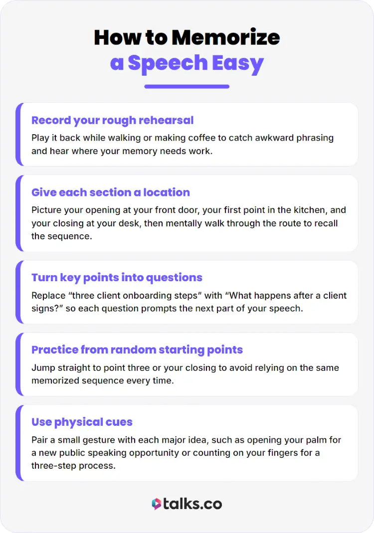 Talks.co infographic showing five ways to remember your speech, including recording rehearsals, assigning locations to sections, using questions, practicing random starting points, and physical cues.