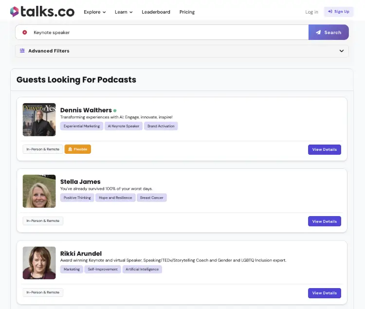 Talks.co search results displaying speakers available for podcast appearances, including Dennis Walthers, Stella James, and Rikki Arundel, following a keynote speaker search.