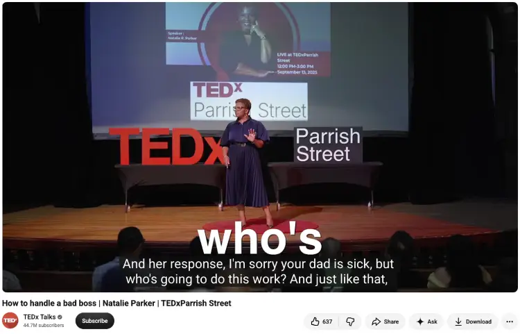 TEDx speaker Natalie Parker presenting on stage about handling a bad boss and developing leadership skills.