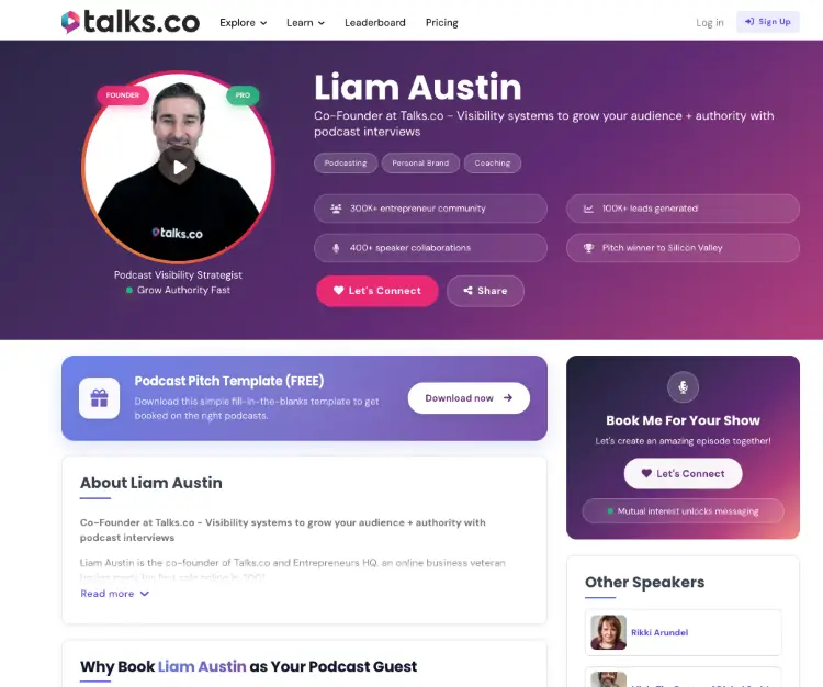 Professional speaker profile showing Liam Austin's expertise, credentials, audience information, and booking options on Talks.co.