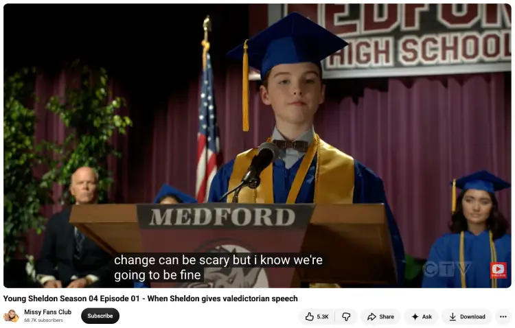 Young Sheldon wearing a blue graduation cap and gown while delivering a valedictorian speech about change and how to look forward to the future.