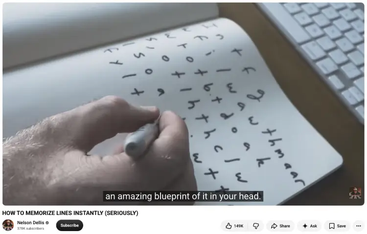 Close-up of a person writing abbreviated letters in a notebook to demonstrate memory techniques for recalling spoken material.