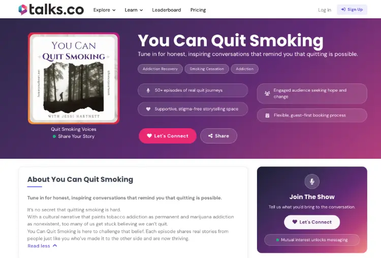 Talks.co listing for You Can Quit Smoking, featuring a podcast name that reflects its focus on smoking cessation and personal recovery stories.