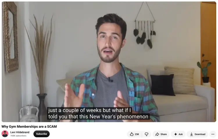 Video presenter discussing why gym memberships may be a scam, an example of persuasive speech topics about consumer spending.