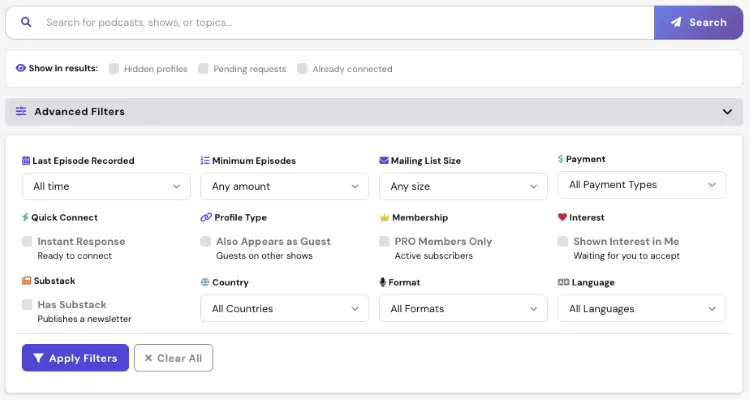 Advanced podcast search filters on Talks for episode activity, mailing list size, payment options, Substack publishing, location, and language.