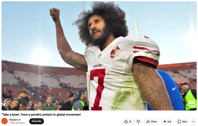 Colin Kaepernick raising his fist while wearing his San Francisco 49ers uniform, demonstrating how a symbolic gesture can become a powerful form of expression.