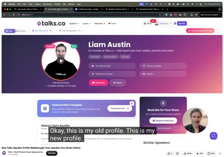 Presenter demonstrating an online speaker profile with booking information, expertise, and podcast connection options.