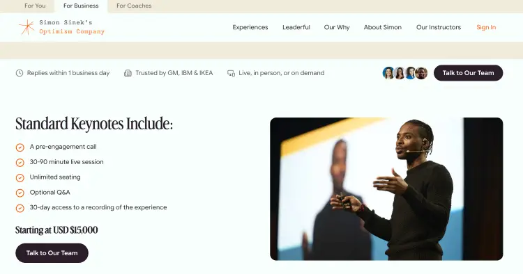 Simon Sinek's Optimism Company website showing standard keynote inclusions and pricing starting at $15,000 for organizations that want to hire him.
