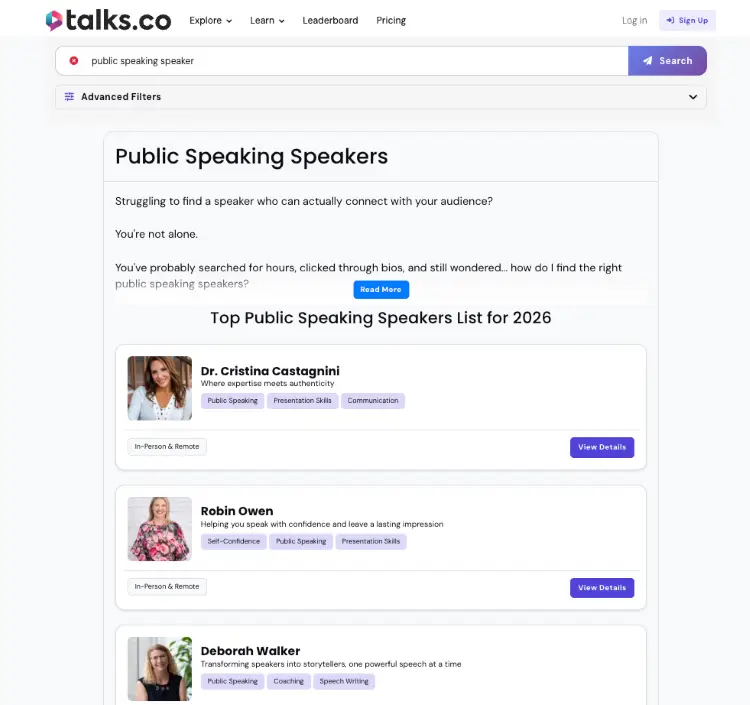 Talks.co directory listing professional public speaker profiles, including specialties, presentation skills, and speaker details.