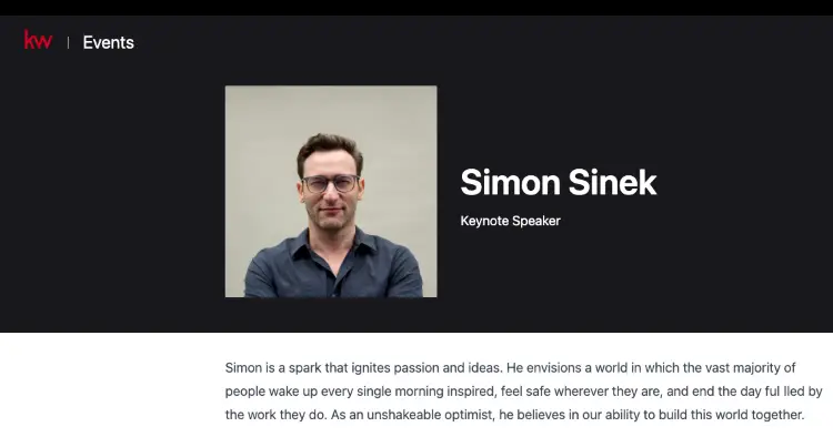 Simon Sinek's KW Events profile presenting him as a keynote speaker for your event, with his photo and biography.
