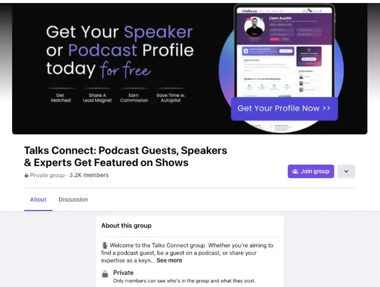 Facebook group for Talks Connect showing how speakers and podcast guests can use social media platforms to network and discover opportunities.