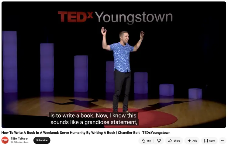 TEDx speaker presenting writing a book as the topic for your speech to a live audience.