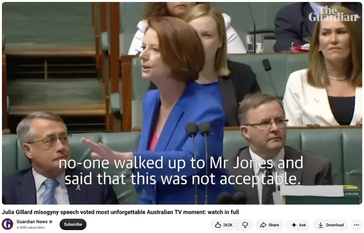 Julia Gillard addressing Australia's parliament during her well-known misogyny speech, demonstrating political expression through spoken or written communication rather than symbolic gestures.