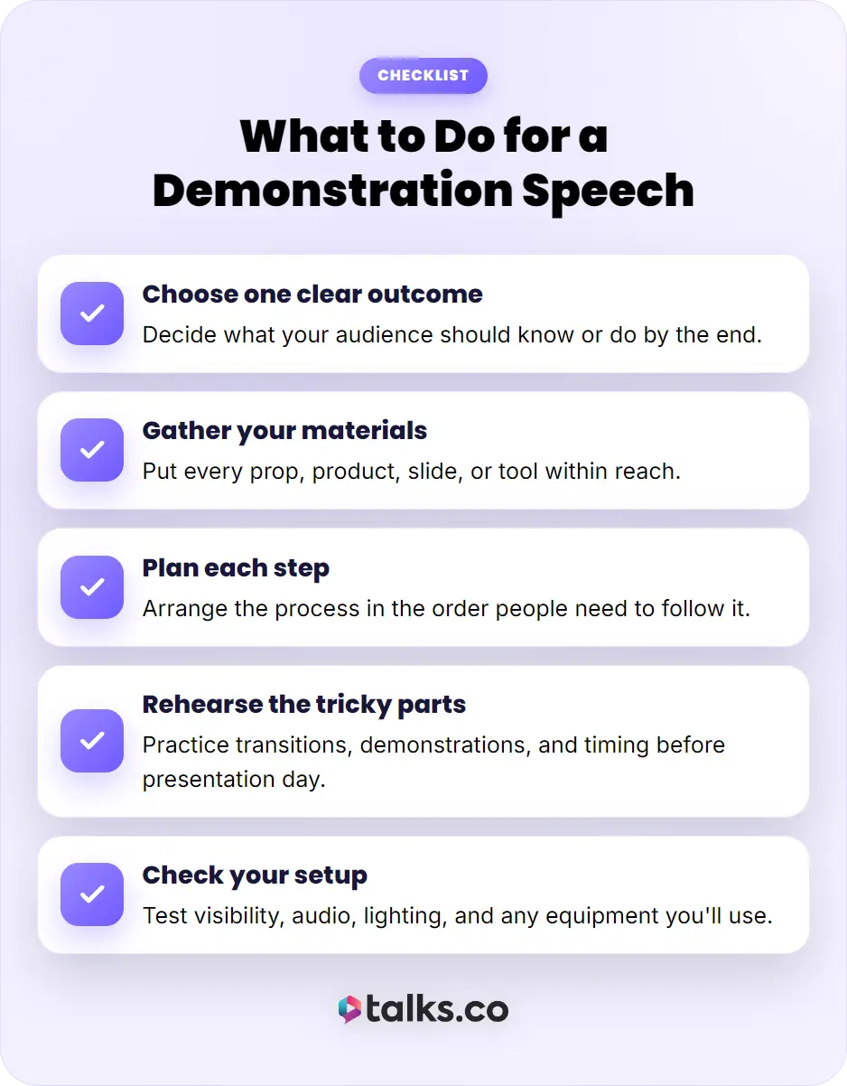Demonstration speech checklist with step-by-step instructions for choosing an outcome, gathering materials, planning, rehearsing, and checking the setup.