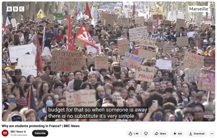 Large crowd of students demonstrating in Marseille, France, carrying protest signs and banners, illustrating how symbolic speech often accompanies peaceful public demonstrations.