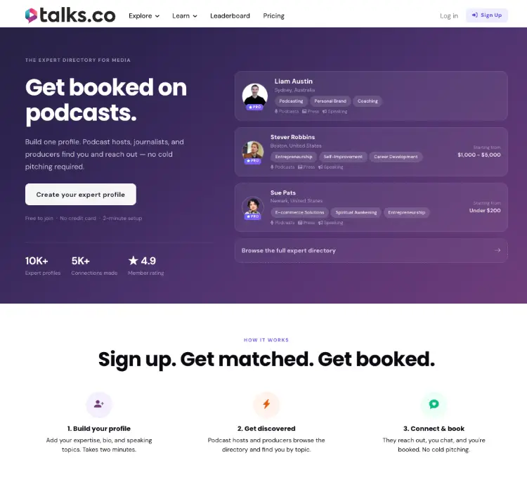 Talks podcast guest directory featuring expert profiles, speaker credentials, and a three-step process for getting booked on podcasts.