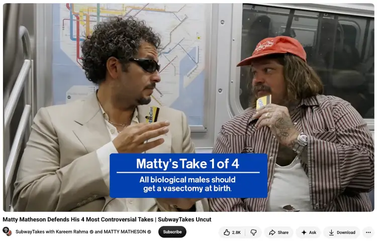 Two men discussing controversial opinions in a thought-provoking conversation filmed on a subway.