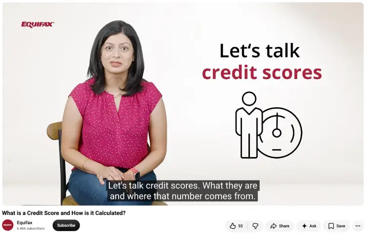 Equifax presenter explaining credit scores in an educational video illustrating topics to inform an audience.