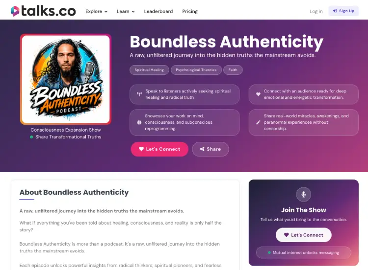 Talks.co profile for Boundless Authenticity, showing a unique podcast name for a show exploring spiritual healing, consciousness, and personal transformation.
