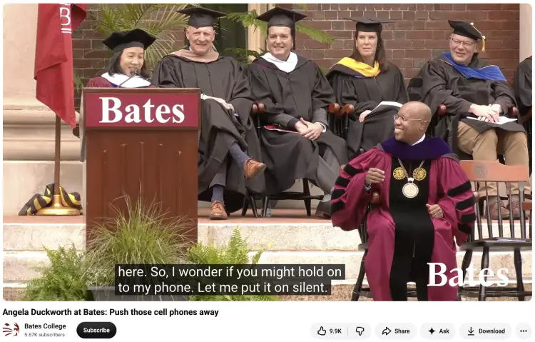Angela Duckworth speaking at the Bates College commencement ceremony, demonstrating how speakers can use humor to connect with graduates and the audience.