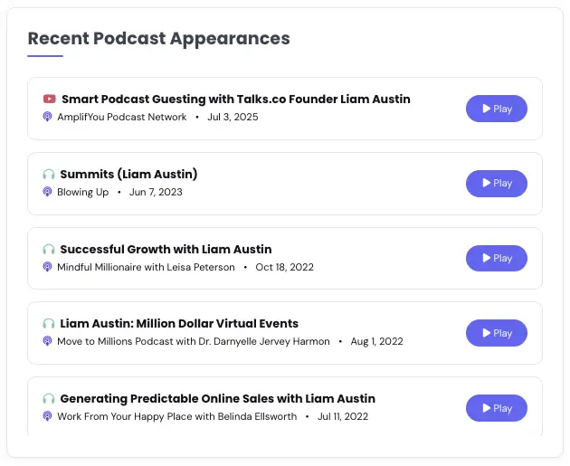 Recent podcast appearances displayed on a speaker profile to demonstrate visibility across multiple shows.