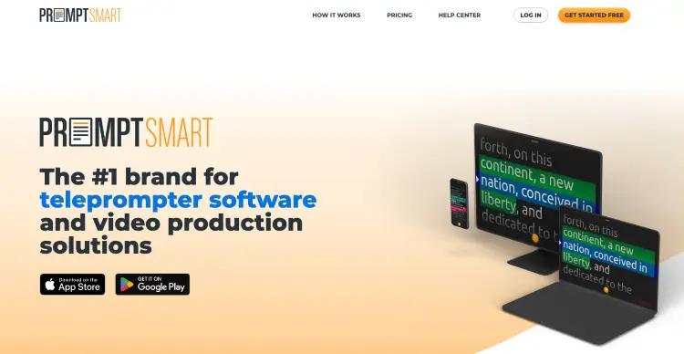 PromptSmart website displaying teleprompter software on a desktop monitor, laptop, and smartphone as a visual aid for presentations.
